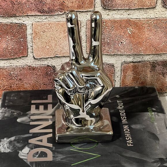 Ceramic Peace Sign Hand Sculpture Figurine Metallic Silver Tone BOHO Decor - Picture 8 of 16